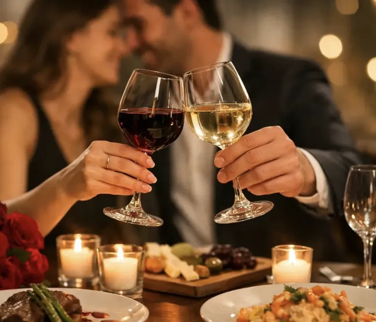 A couple toasting with glasses of red and white wine over a candlelit dinner